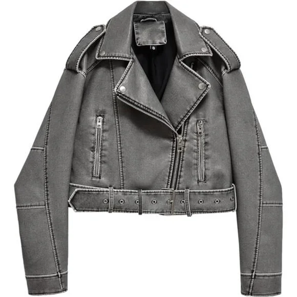 Gray Faux Leather Oversized Cropped Jacket Belted Biker Moto Jacket‎ Coat Zip Up - Picture 7 of 8